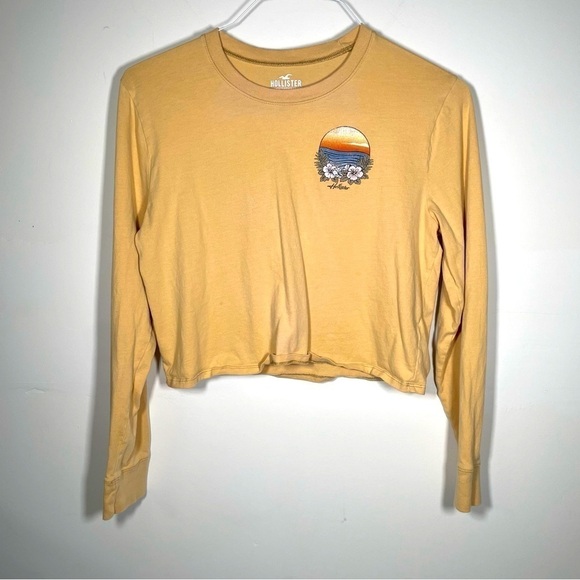 Hollister Tops - Hollister Crop T Shirt Yellow Long Sleeve Graphic Women’s Oversized Size XS